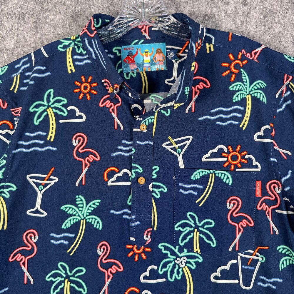 Chubbies Shirt Mens Extra Large Blue Short Sleeve Polo Half Button Neon Flamingo